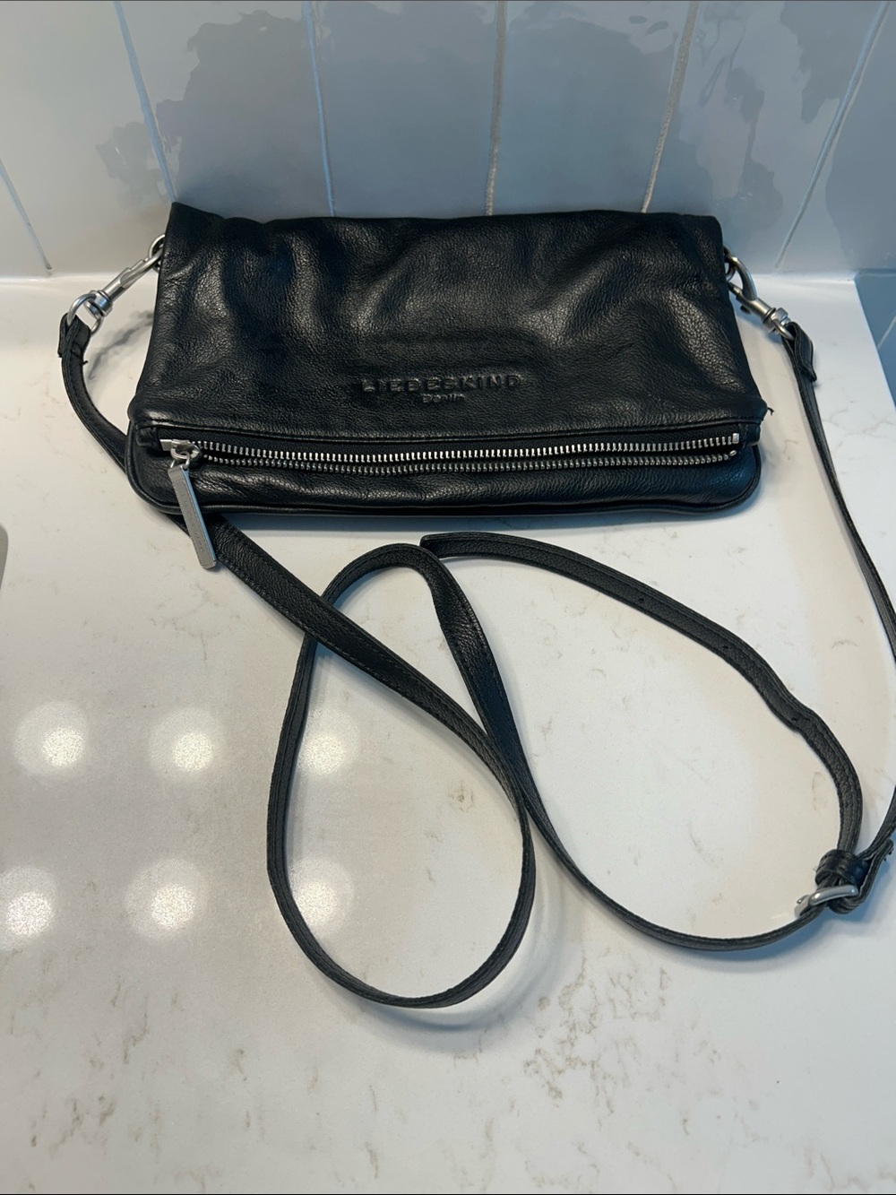 Liebeskind Black Leather Fold-Over Crossbody Bag